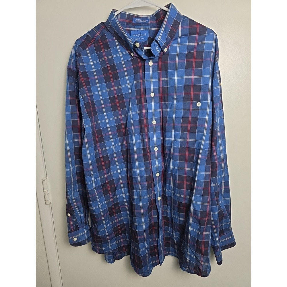 Towncraft Wrinkle Free Dress Shirt Mens XL Blue Red Plaid Button Down